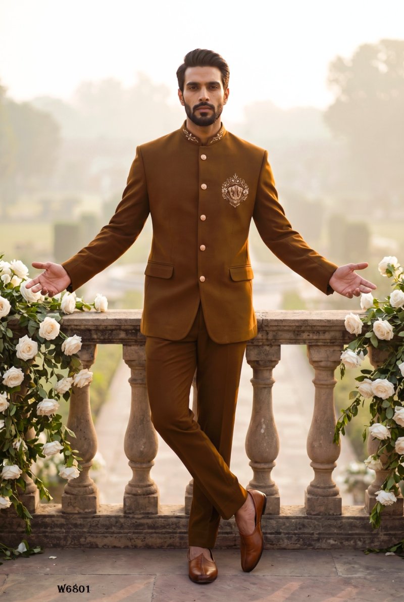 Brown Outluk Wedding Vol 68 Lachaka Hand Work Mens Jodhpuri Suit W6801.
